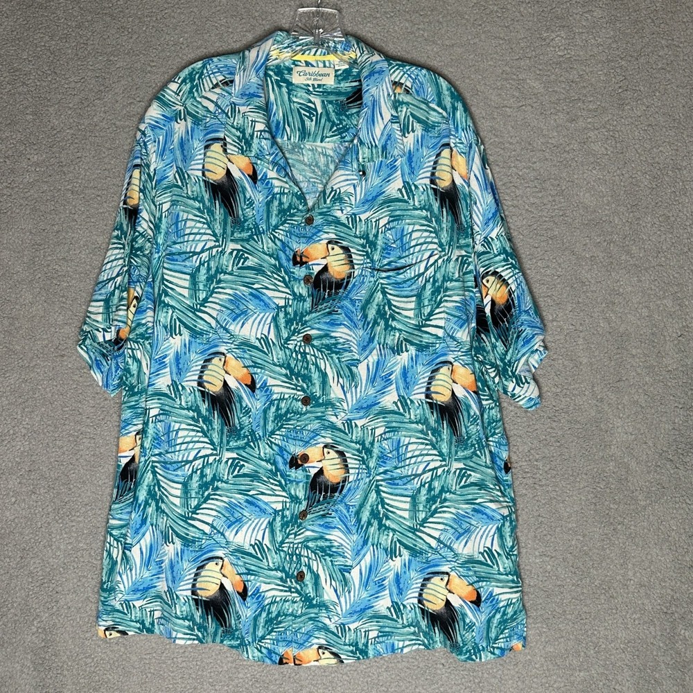 Caribbean Mens Camp Shirt Size 2XLT Blue Silk Blend Toucan Hawaiian Tropical